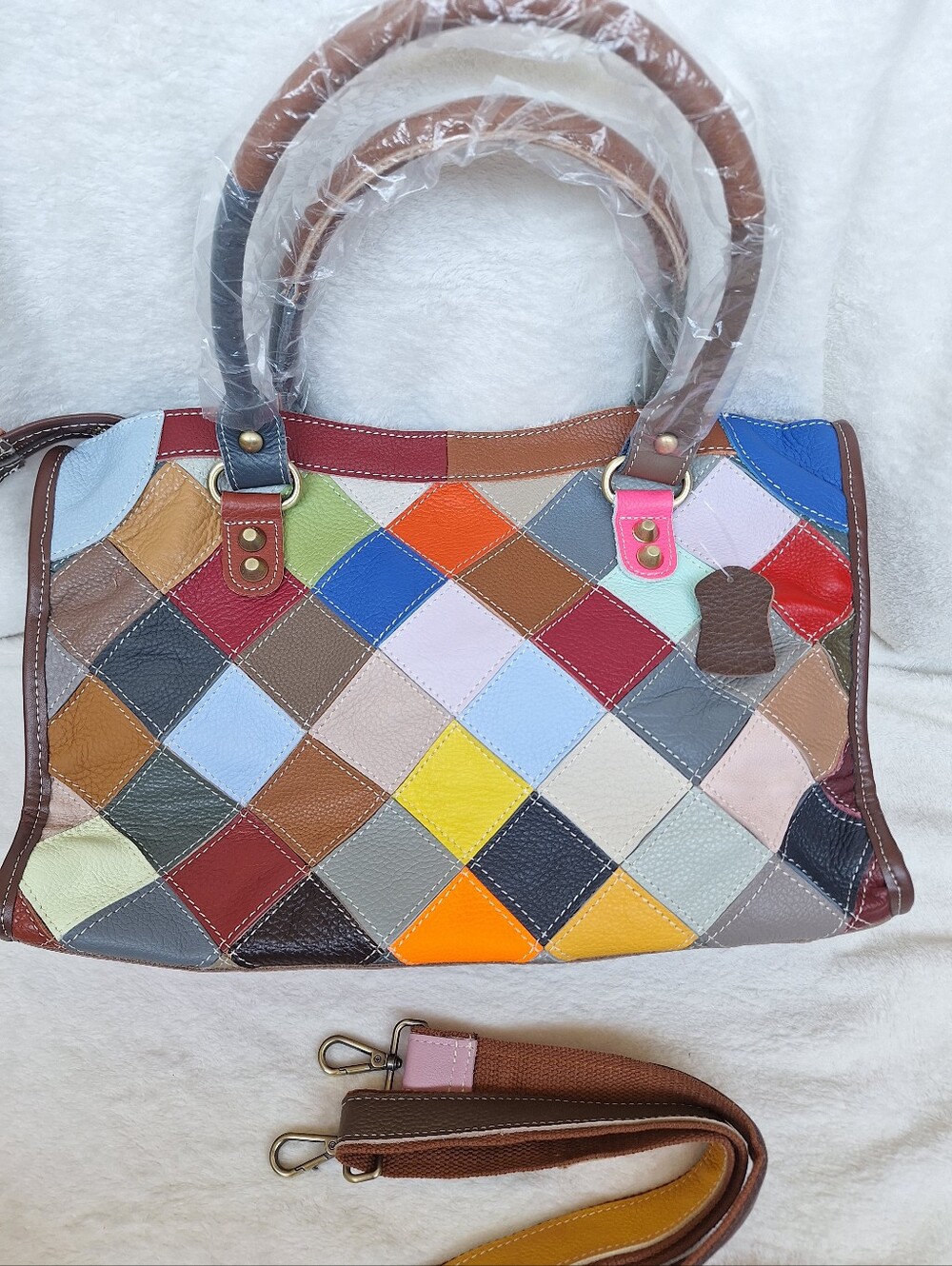 NEW Genuine Leather Patchwork Tote Bag 🌈 Boho Multi-Color Satchel 15" x 10"